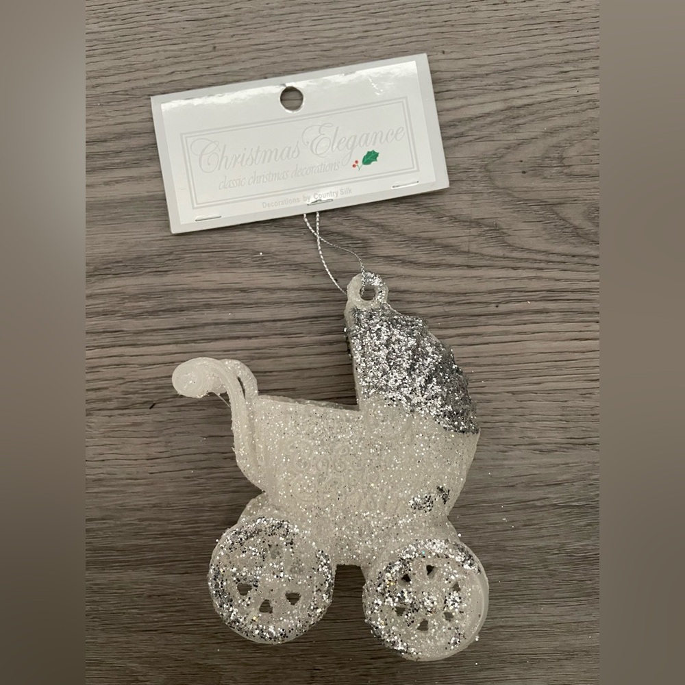 Christmas Elegance Glittery Baby Carriage Holiday Ornament Silver
